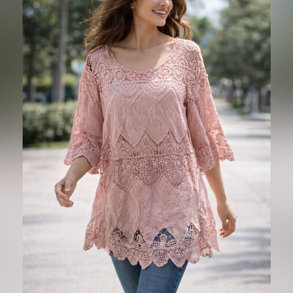 Unbranded Crochet Lace Tunic Womens Medium Pink Good Boho Eyelet 3/4 Sleeve Top